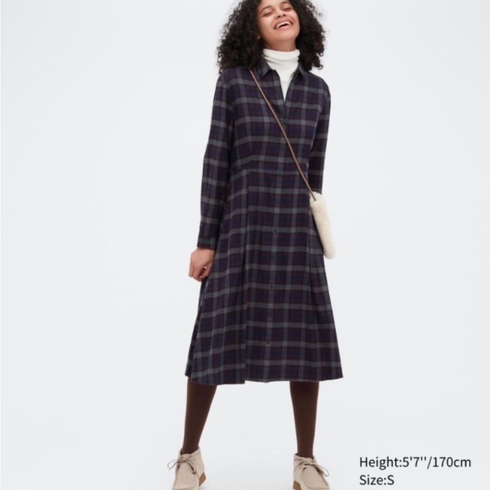 Uniqlo Super Soft Flannel Plaid Dress Long Maxi Button XS